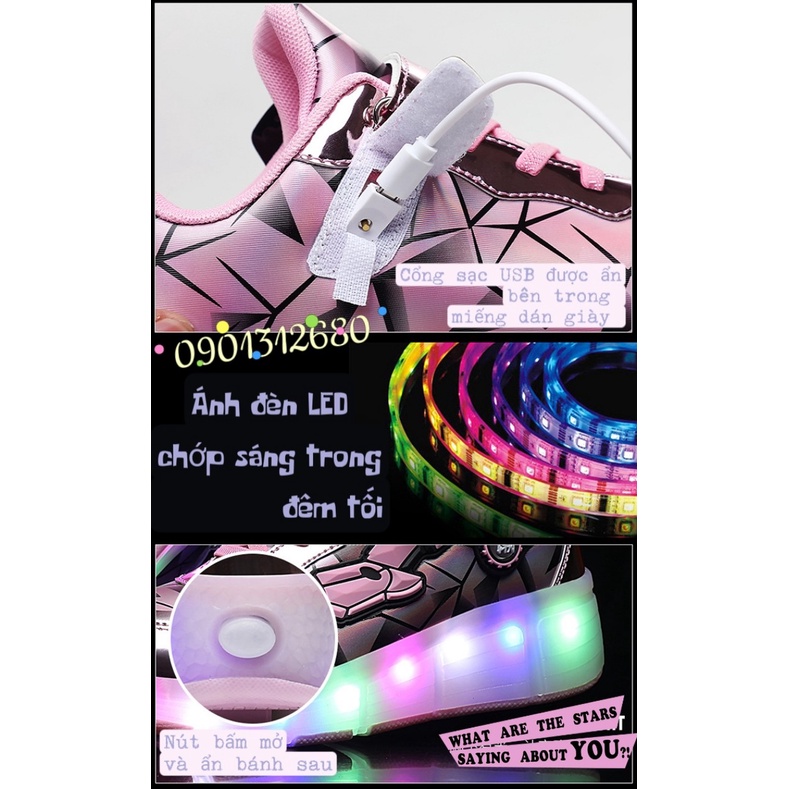 Giày trượt bánh gót 2 bánh cho trẻ em và nữ có đèn LED sạc pin 2166 BLACKPINK