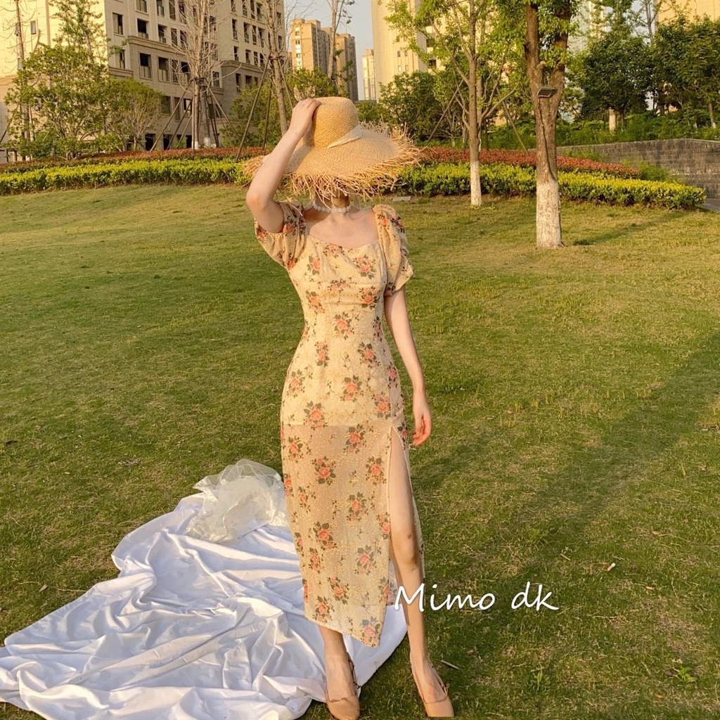 Đầm Hoa Cổ Vuông Tay Phồng Thời Trang Mùa Hè Pháp 2023 Mới