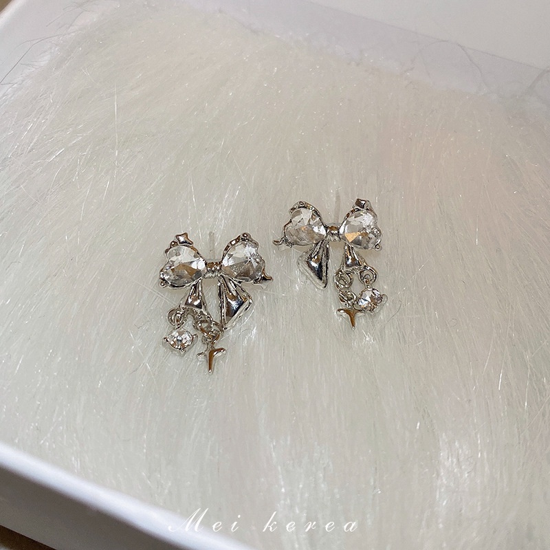 Bông Tai Mạ Bạc Hình Nơ Đính Kim Cương Giả Phong Cách Nhật Hàn