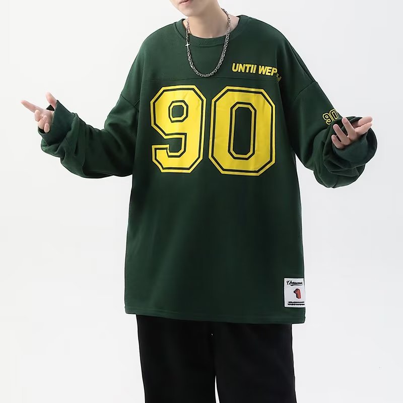 Áo Thun Tay Dài Chui Đầu Dáng Rộng In Hình Khúc Côn Cầu 90 Hockey Jersey Phong Cách Retro Đường Phố Mỹ