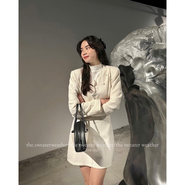 Set dạ tweed áo viền sóng đính hoa đá kèm chân váy the.sweaterweather TSW (ảnh thật)