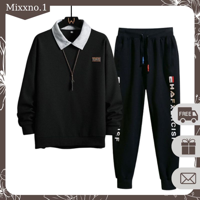 Set Bộ Đồ Áo Nỉ Nam Thu Đông Dài Tay Cổ Polo Phối Quần Dài Jogger Thời Trang Mixxno.1 TOP NAM 248 + QUAN NAM 069