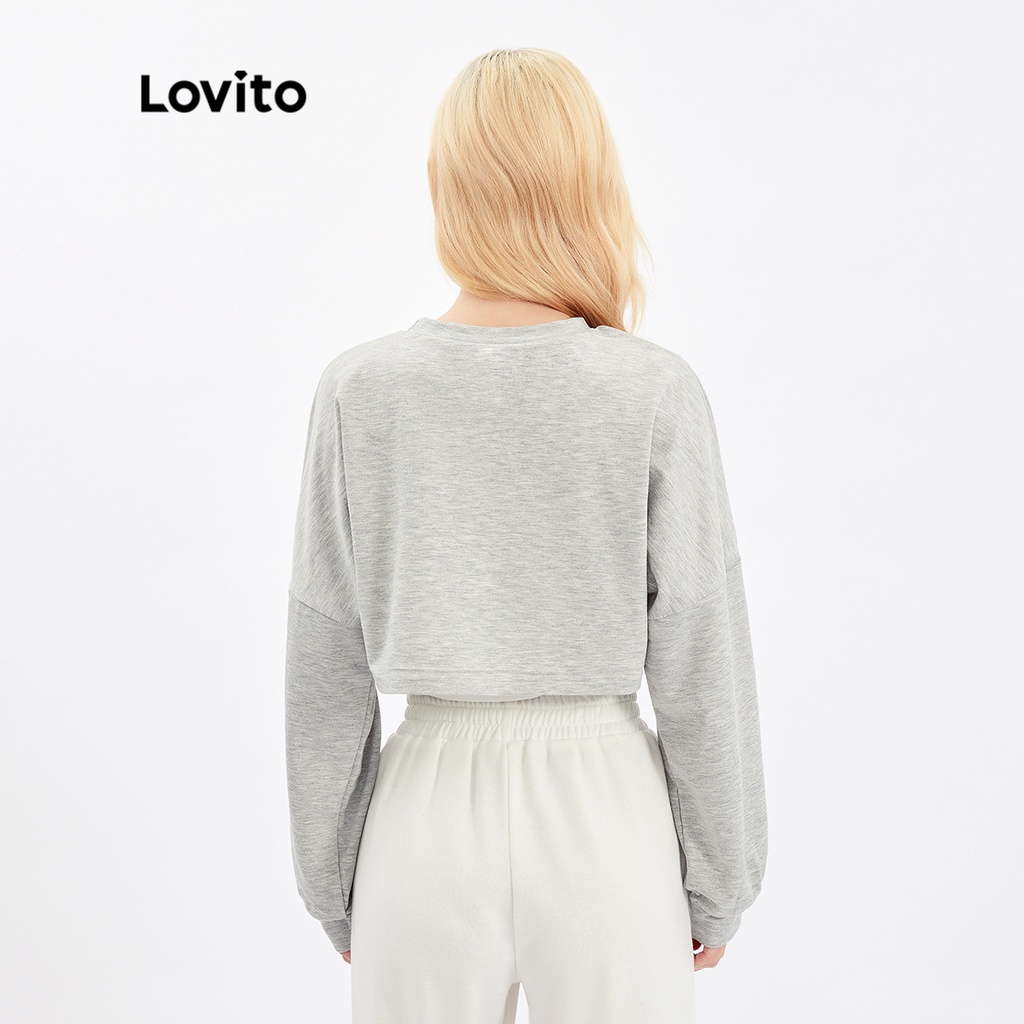 Áo nỉ Lovito giả hai mảnh dáng ngắn màu trơn tay dài phong cách thường ngày L30AD013 (màu xám)