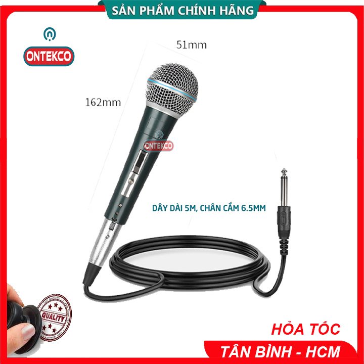 Micro hát karaoke dây dài 5M Ontekco MV-01 tay cầm thép chắc chắn cao cấp chống hú