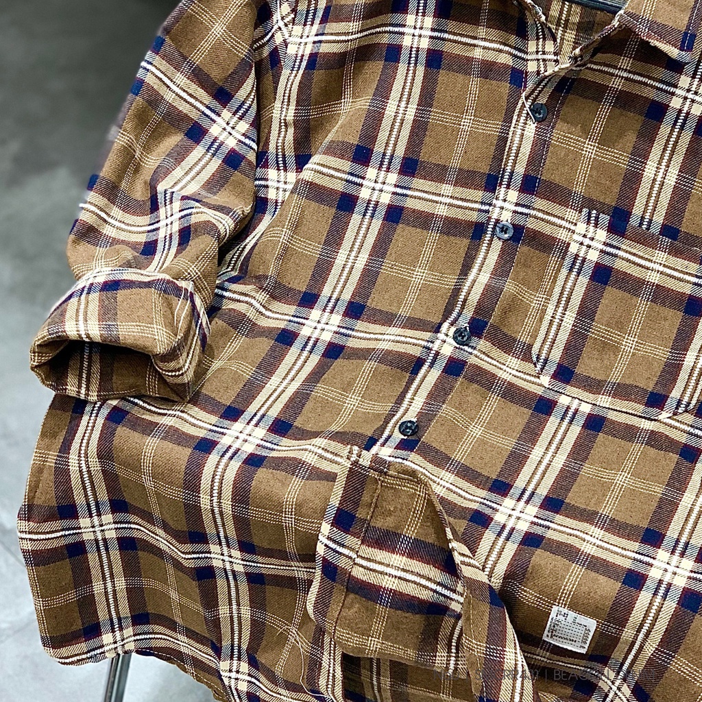 Áo Sơ Mi Nam Mẫu Caro Cotton Nỉ Phối Màu Nâu BEACON DENIM Mã SMCRR431