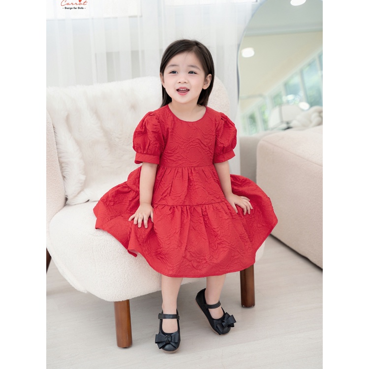 Váy Công Chúa Đỏ Carrot Cho Bé Gái, Cộc Tay, Có Thắt Nơ, Chất Thô Ép 3D Cao Cấp