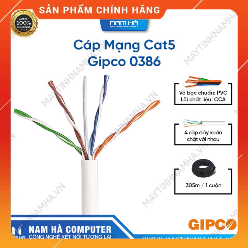 ATA Cáp mạng bấm sẵn 2 đầu cat5 Gipco, có dây dù trợ lực, tặng dây thít nhựa 10m 20m 30m 40m 50m 60m 70m ATA