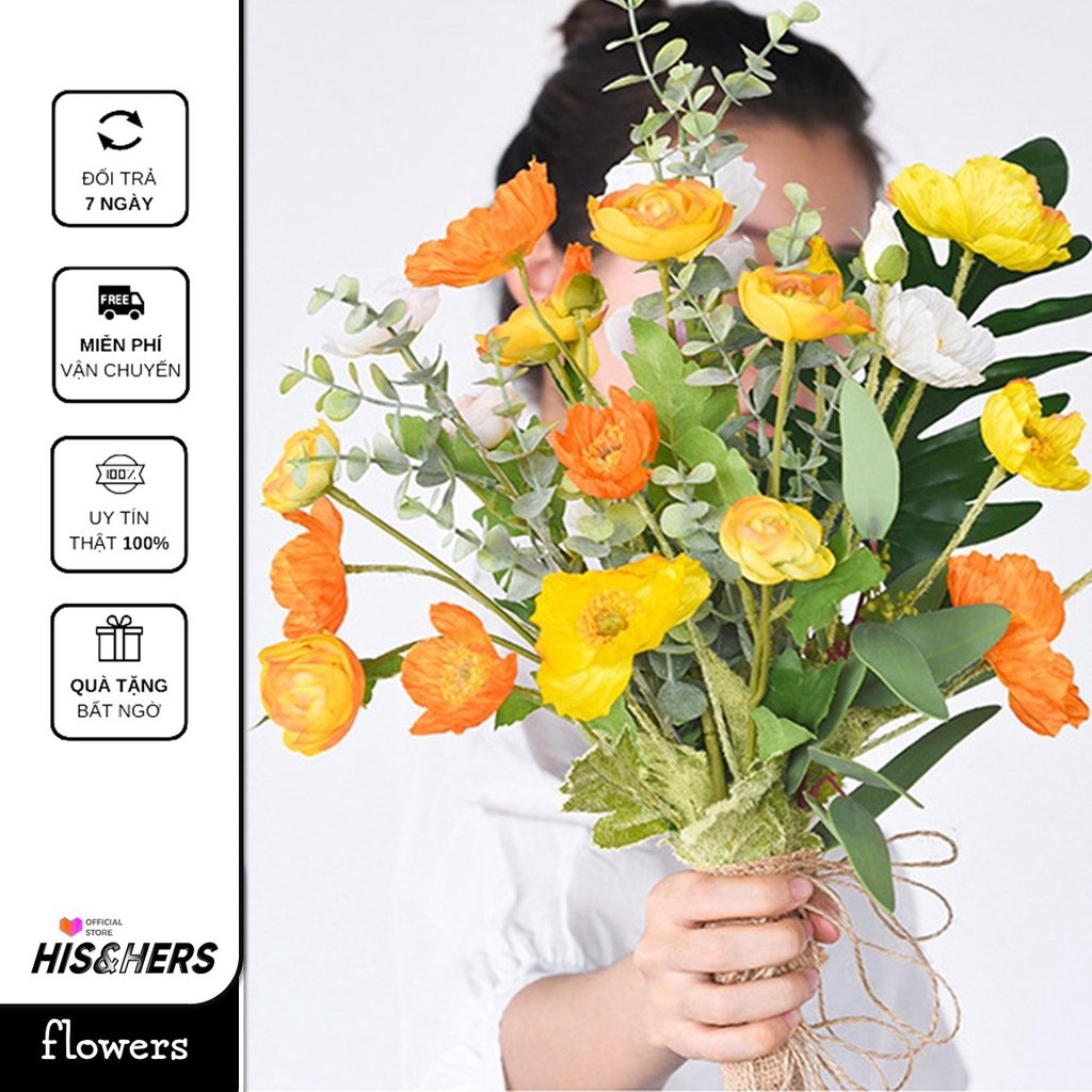 Hoa anh túc giả, hoa nhung vintage lụa giả loại 2 mềm mại giống thật, đạo cụ chụp ảnh, trang trí nhà cửa