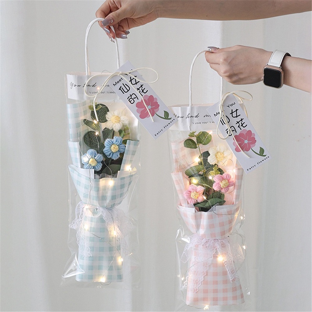 1 Pack DIY  Crochet Bouquet Puff Flowers with LED Light for Valentine's Day Bestfriends Gift with Bag