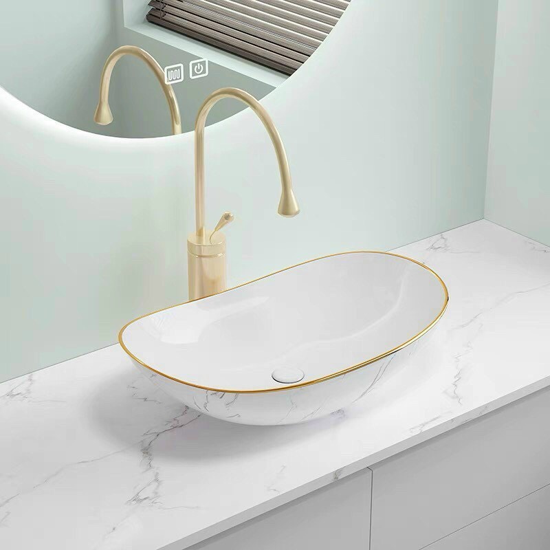 Lavabo Thỏi Trắng Viền Vàng Có Vân Cao Cấp Sang Trọng - Sunny Store
