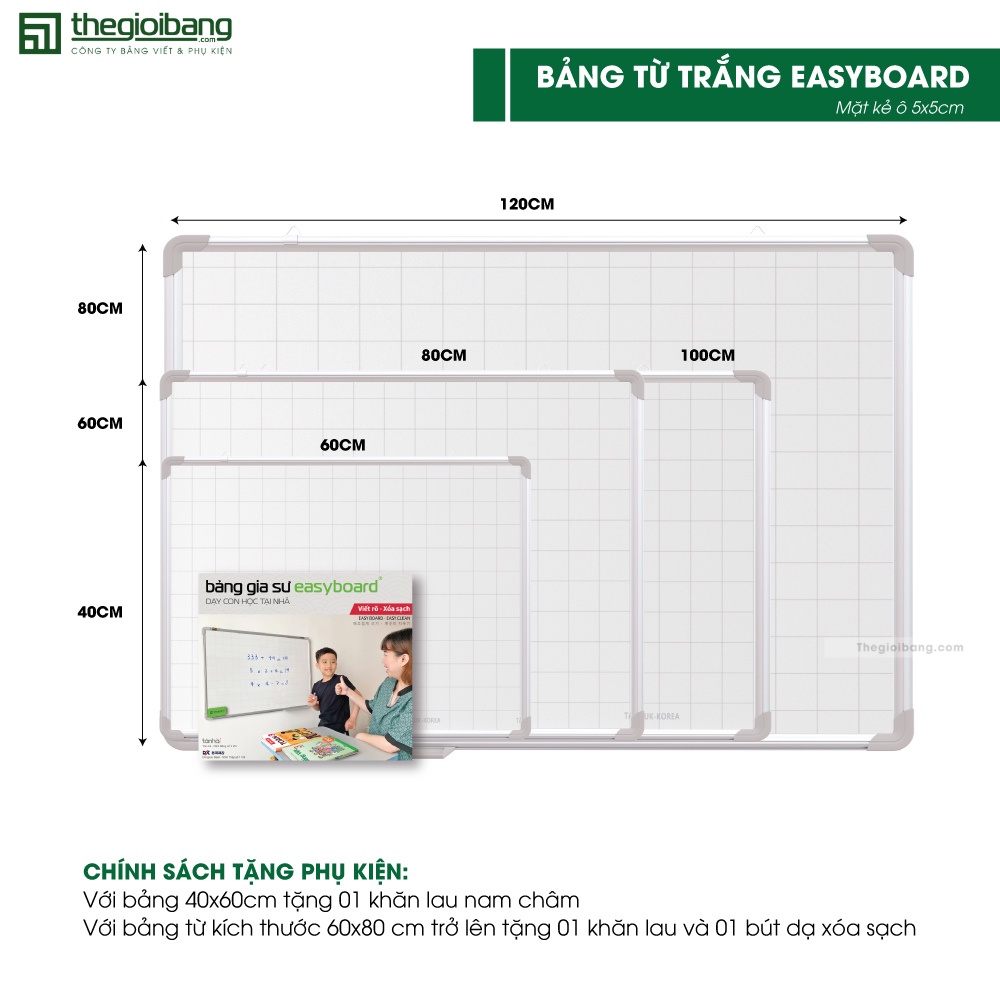 Bảng Từ Trắng Easyboard TÂN HÀ - Bảng Gia Sư - KT 40x60cm, 60x80cm, 60x100cm, 80x120cm - Tặng Phụ Kiện