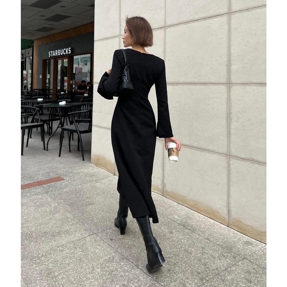 Váy Cổ V Khoét Eo, Đầm Body Tay Dài Cut Out, Váy Maxi Midi Dáng Dài Khoét Eo Màu Đen - Do Do Dress