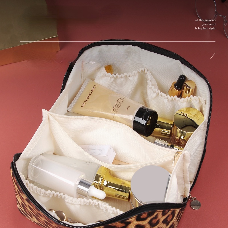 Túi Da PU Đựng Mỹ Phẩm Cỡ Lớn Đa Năng In Họa Tiết Da Báo Cá Tính