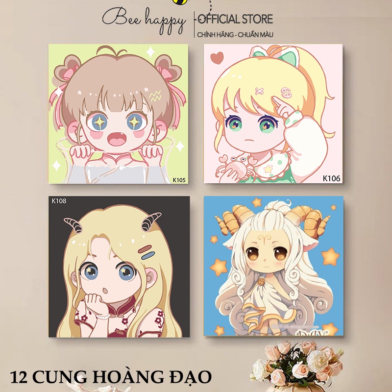 Tranh tự tô màu theo số 12 cung hoàng đạo BEE HAPPY siêu đáng yêu, kích thước 20x20 cm, căng khung sẵn, tặng kèm màu, cọ