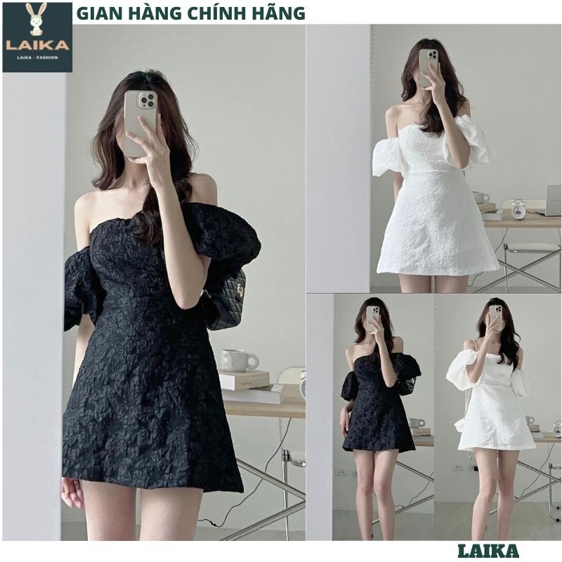 Đầm GẤM trễ vai tay bồng kèm mút ngực tiểu thư sang chảnh hoa nổi có khóa sau lưng - Váy chữ A 2 màu trắng đen - LAIKA