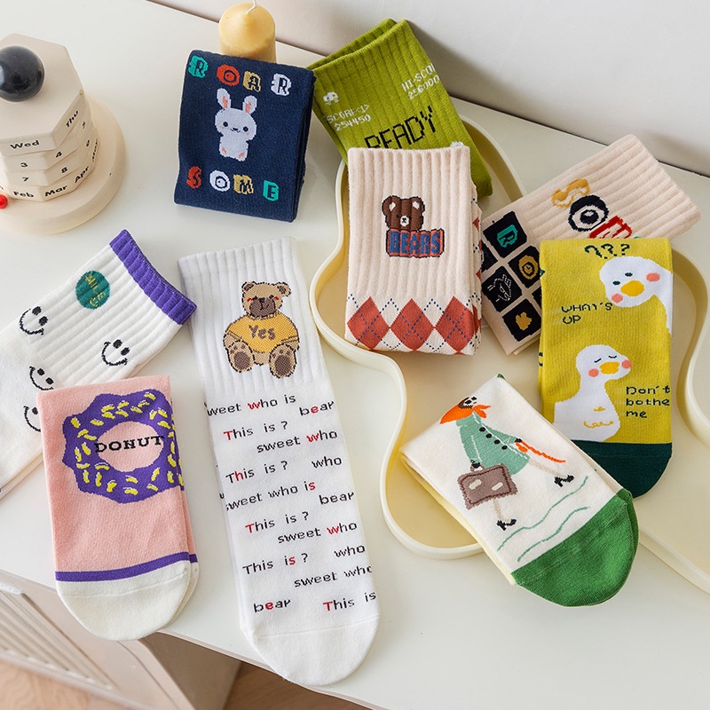 Vớ tất cổ trung vịt gấu cô gái chất dày tag ngang