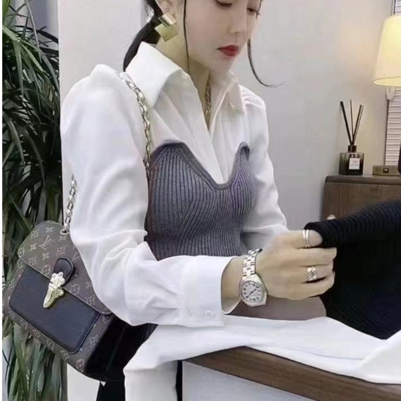 Áo Sơ Mi Giả Hai Lớp Tay Dài Màu Sắc Tương Phản Phong Cách Hàn Quốc