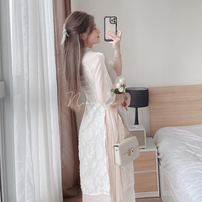 Set áo dài ren nổi phối tơ + chân váy li