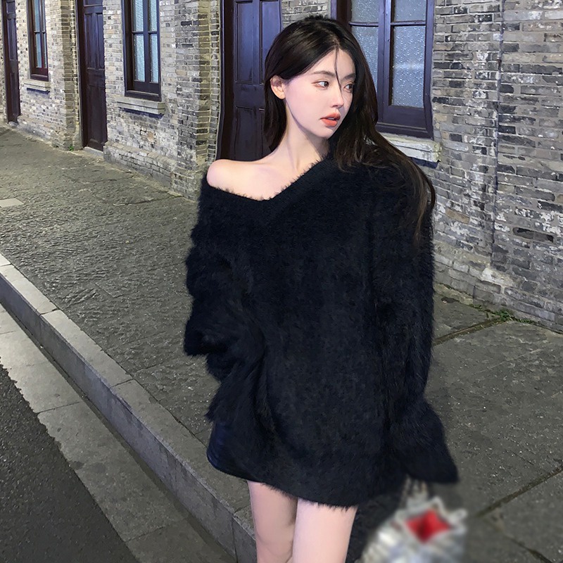 Áo Len Chui Đầu Dáng Rộng Cổ Chữ V Màu Sắc Đơn Giản Phong Cách Hàn Quốc Dành Cho Nữ