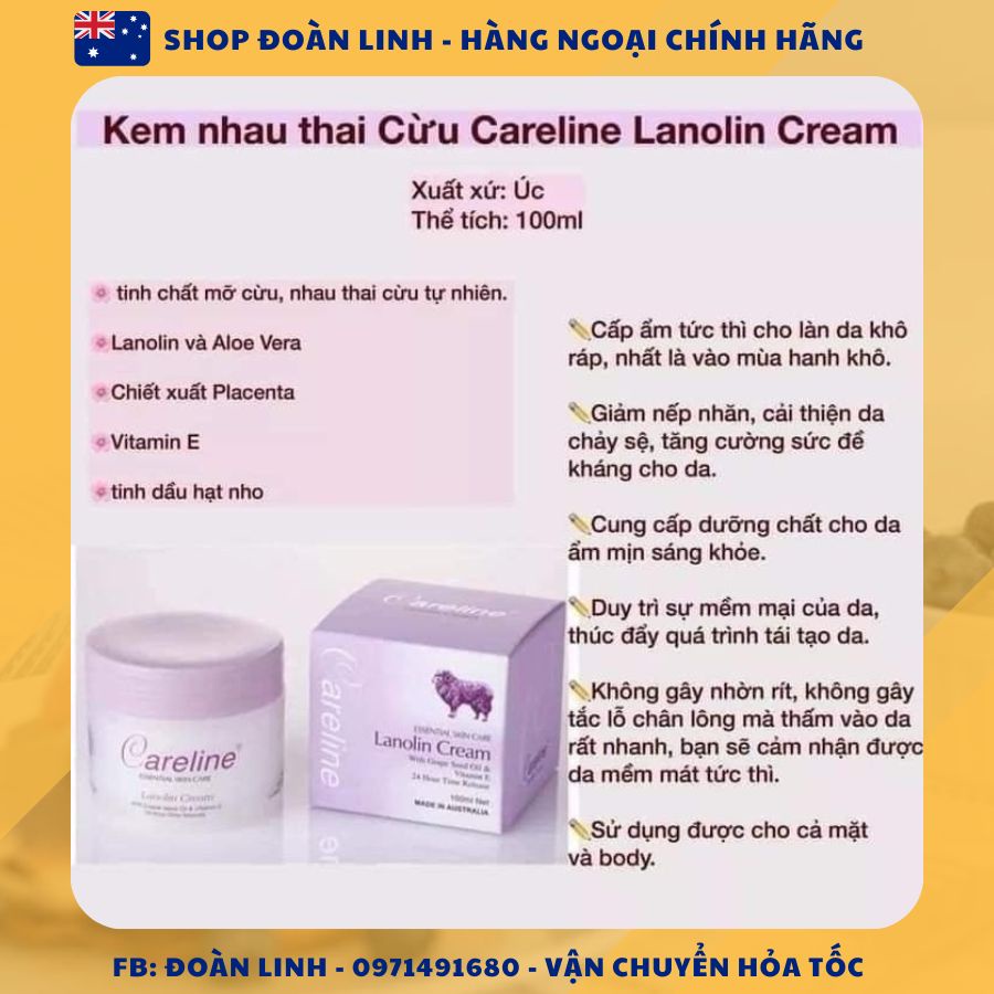 Kem Dưỡng Da Nhau Thai Cừu CARELINE Placenta Cream, Hàng úc đi air, Kem Dưỡng Da Nhau Thai Cừu CARELINE Placenta Cream