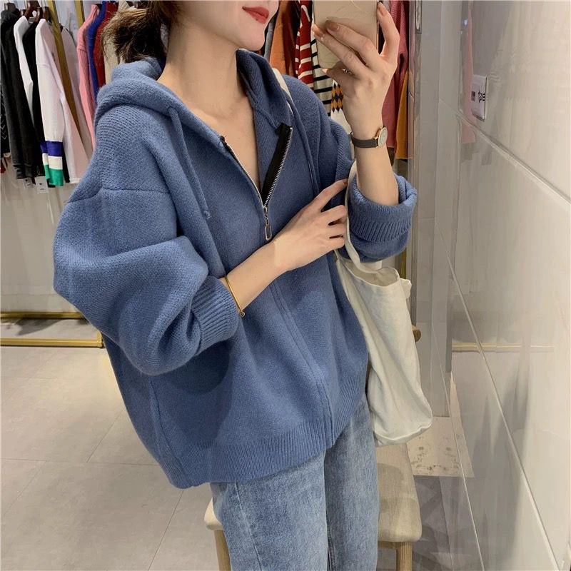 Áo Khoác Cardigan Có Nón Phối Khóa Kéo Dáng Rộng Thời Trang Hàn Quốc 2023 Cho Nữ