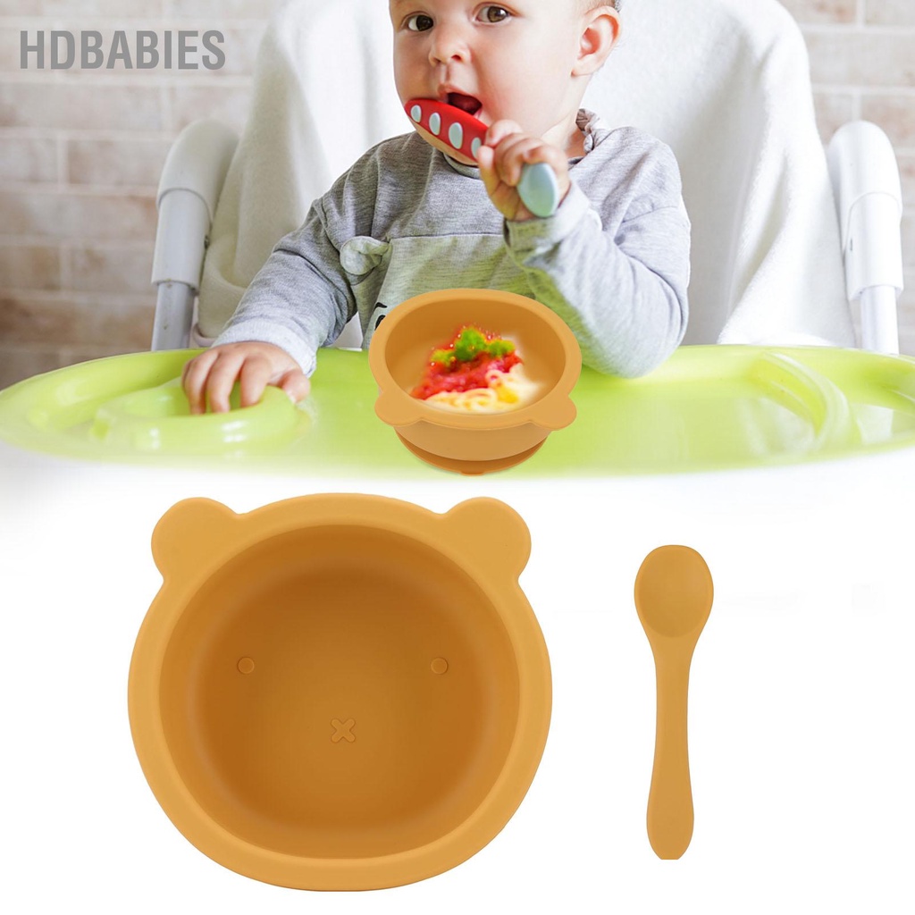 HDbabies Bộ thìa ăn cho bé bằng silicon với cốc hút dưới đáy Thìa bát trẻ mới biết đi tiện dụng nhà tại