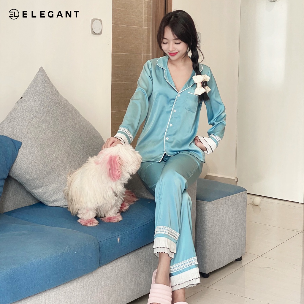 Bộ Ngủ Dài tay, Bộ Ngủ Lụa Cao Cấp ELEGANT - Bộ Đồ Ngủ Nữ Mặc Nhà Dài Tay Kiểu Dáng Ngọt Ngào EL2201