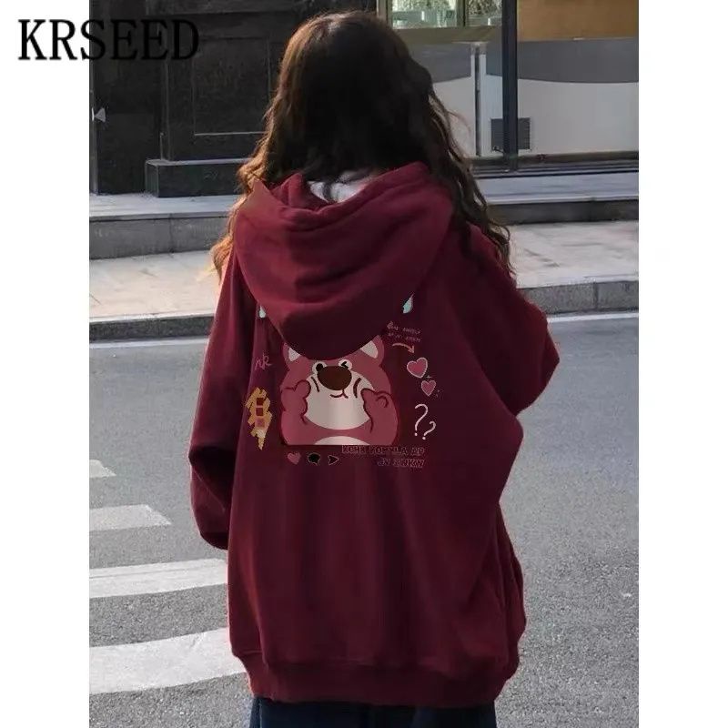 Áo Khoác Nỉ Có Mũ Trùm Cỡ Lớn In Hình Gấu Dâu Tây Burgundy Kiểu Retro Mỹ Thời Trang Thu Đông Cho Nữ