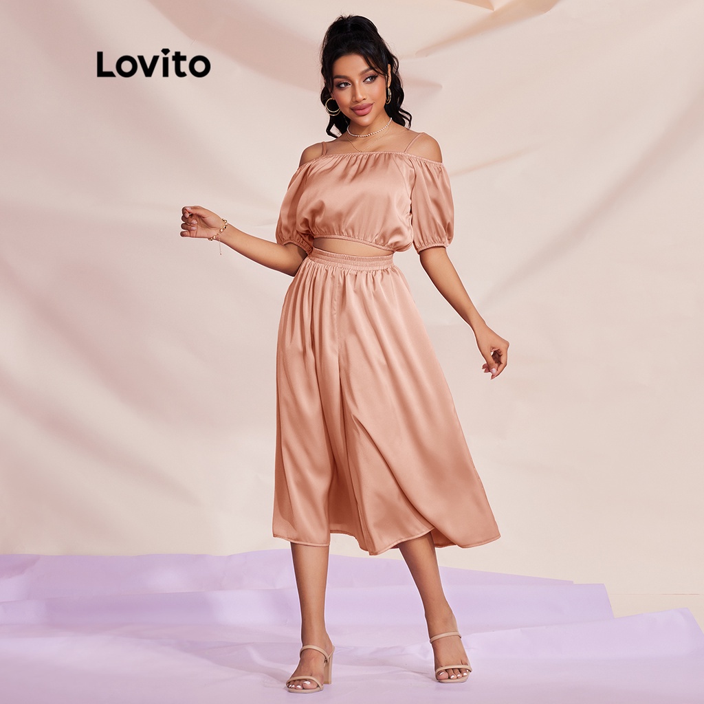 Bộ quần (Lovito Exclusive) STIPPLING WORLD Bộ tay áo Bishop rộng ngang vai Bình thường L28LE039 (Hồng san hô)