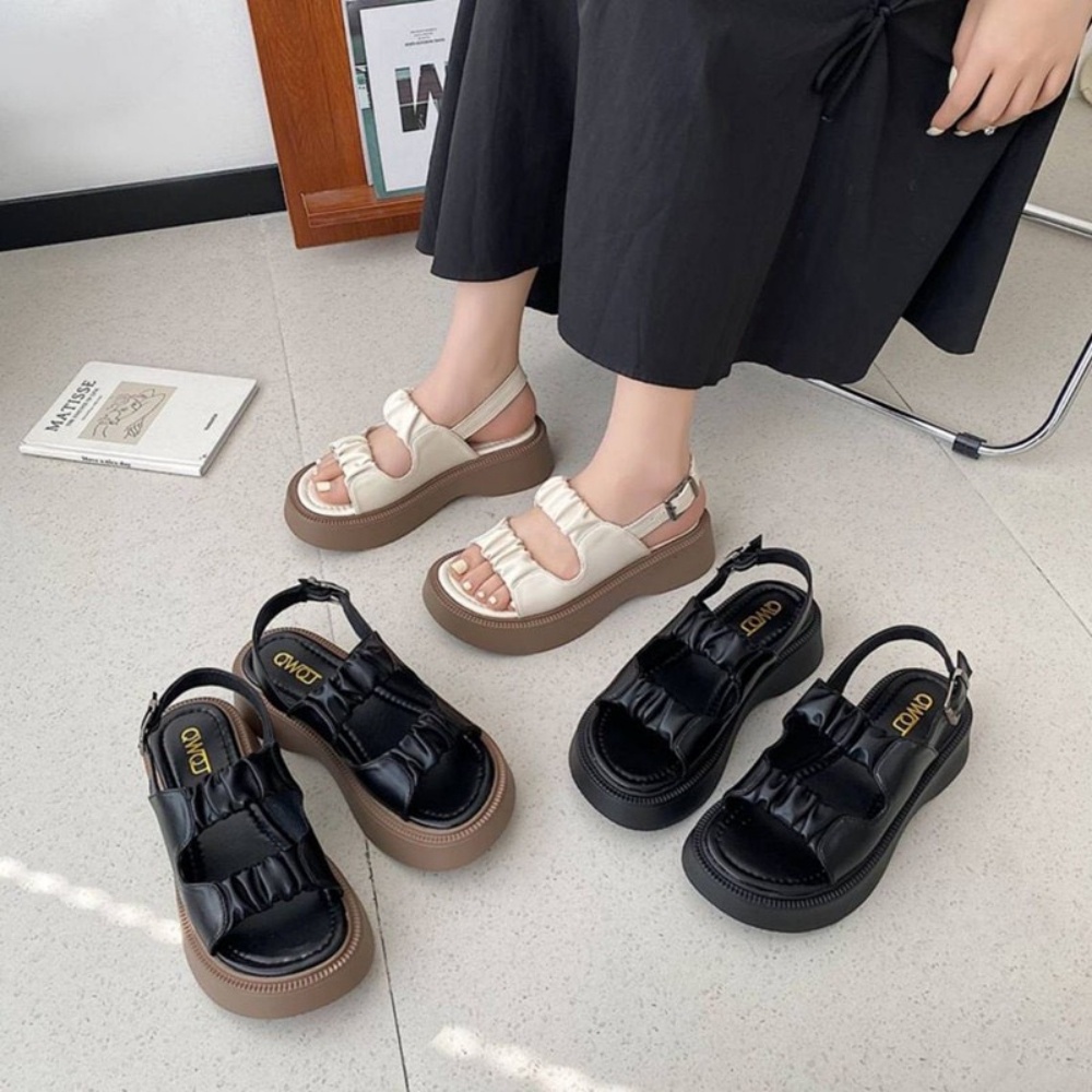 Giày Sandal Nữ MWC 2942 - Sandal Đế Bánh Mì Quai Ngang 5cm Hack Dáng Phối Khóa Với Quai Kép Nhún Tiểu Thư Sang Chảnh