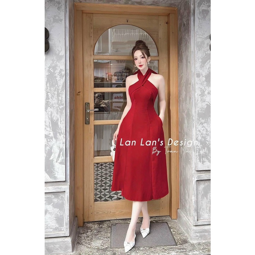 Đầm nữ thời trang mặc đi tiệc chất nhung cứng cổ yếm chéo cổ cột nơ sau cúp ngực váy maxi xếp ly cao cấp