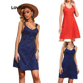 Váy Lovito kiểu thắt dây họa tiết chấm bi phong cách Boho L11007 (Màu xanh da trời)
