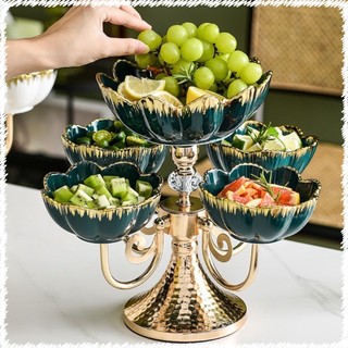 Khay đựng hoa quả gốm sứ cao cấp, khung chống gỉ, 5 ngăn hoa sen trong suốt
