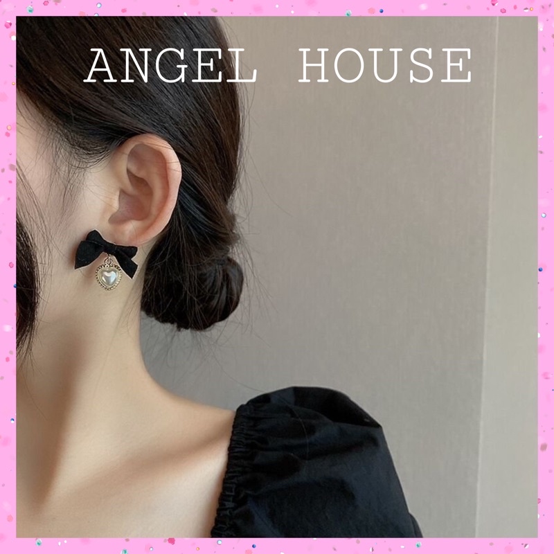 Khuyên tai nơ đen đính trái tim angel.house