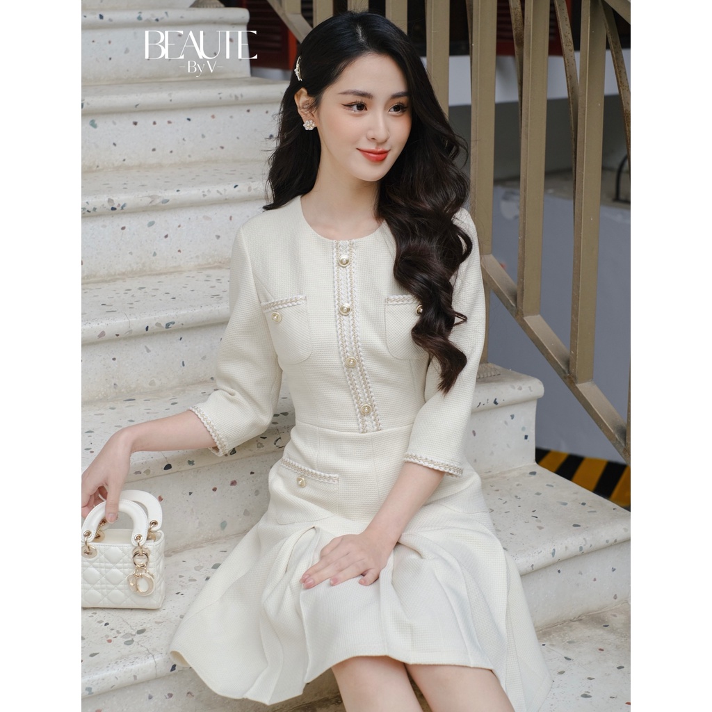 BEAUTEBYV - Váy nữ viền ren đính cúc ngọc hợp kim Theodora