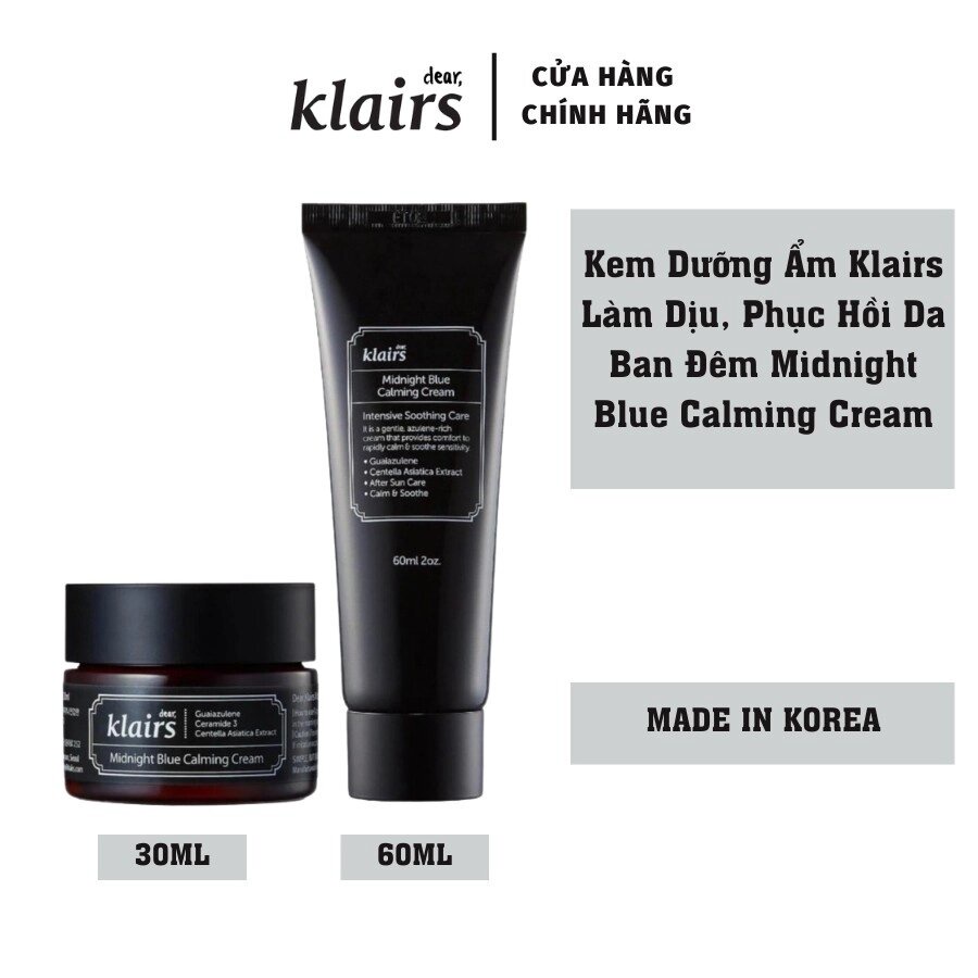 Kem Dưỡng Ẩm Dear Klairs Midnight Blue Calming Cream Làm Dịu Da Ban Đêm Giúp Da Mịn Màng 30ml/60ml