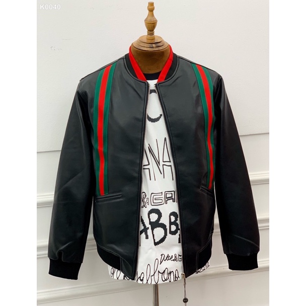 Áo khoác bomber da 𝔾𝕦𝕔𝕔𝕚 hai sọc new 2023