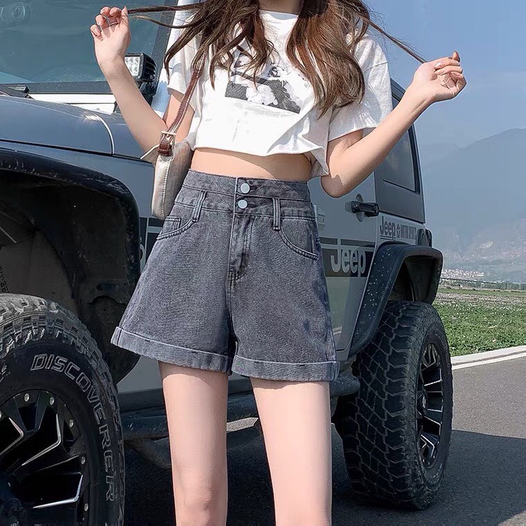 Quần sooc bò jean nữ ngố ống suông rộng short jean cạp cao phong cách Hàn Quốc | BigBuy360 - bigbuy360.vn