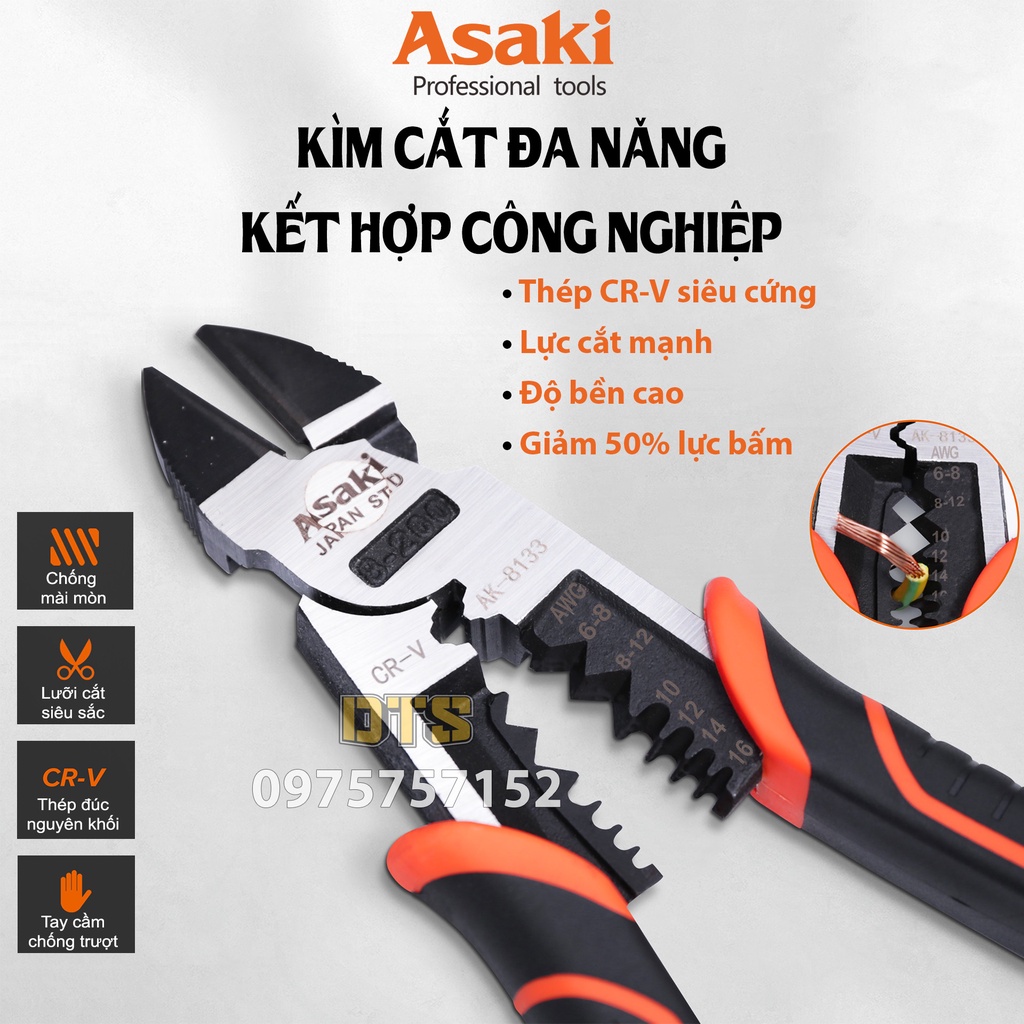 Kìm cắt đa năng kết hợp công nghiệp Asaki AK-8133 8''/200mm, kềm cắt tổ hợp cao cấp thép CR-V - Tiêu chuẩn Nhật Bản