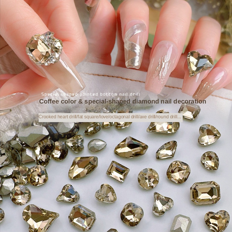 Pha Lê Màu Cà Phê Đáy Nhọn Nail Art Trang Sức Kim Cương / Rìu hình trái tim trái đào cong hình trái tim béo móng tay vuông trang sức kim cương