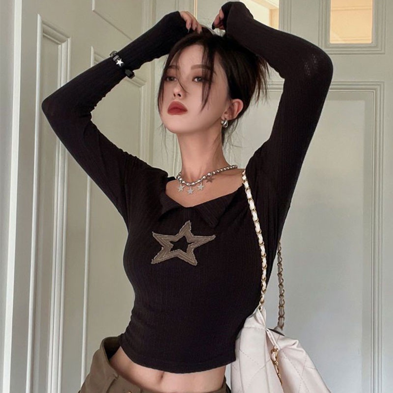 Áo croptop XINLANYASHE dệt kim tay dài thời trang cho nữ