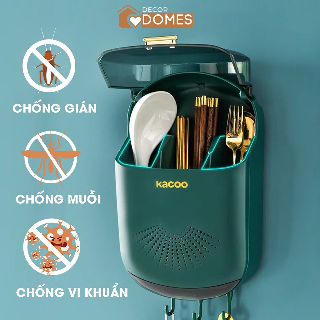 Hộp đựng đũa muỗng gắn tường, ống đựng đũa có nắp treo tường chống bụi tích hợp móc treo