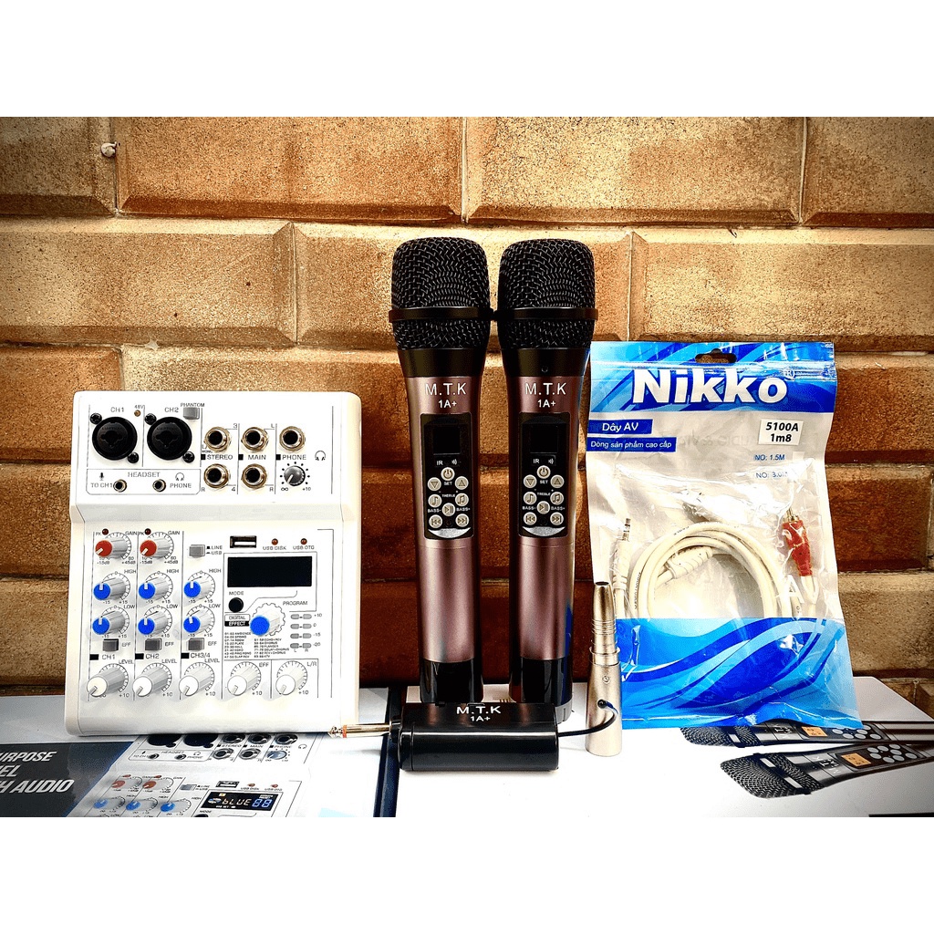 Combo Micro không dây MTK 1A+ Mixer thu âm livestream karaoke E4 tặng kèm đủ phụ kiện dây jack kết nối bh 12 th