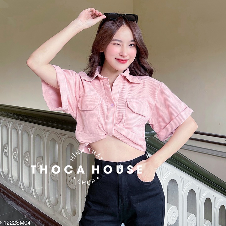 Áo sơ mi nhung croptop kiểu xoắn eo túi trơn xanh, trắng, đen, hồng THOCA HOUSE trẻ trung thời thượng, năng động cá tính