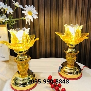 Đèn thờ cúng led pha lê cao cấp, Đèn thờ hoa sen pha lê dùng điện cao 20cm [HÀNG LOẠI 1]