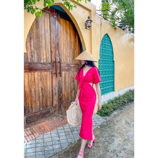Đầm Váy nữ Cutout khoét eo midi vải Linen ( Nhiều màu)
