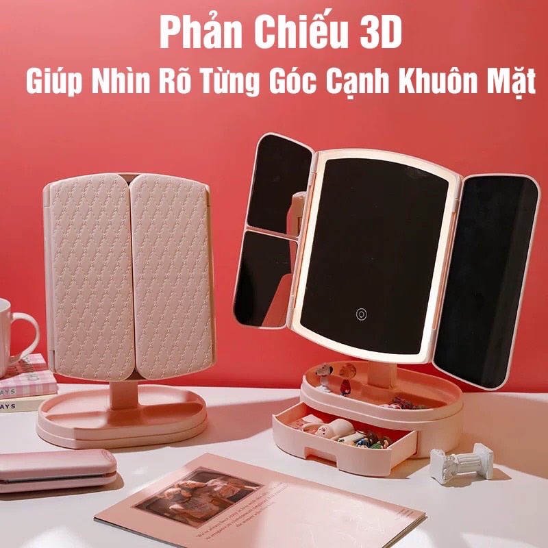 Gương Trang Điểm Để Bàn Có Đèn LED Cảm Ứng - Gập Mở 2 Cánh -3 Chế Độ Sáng