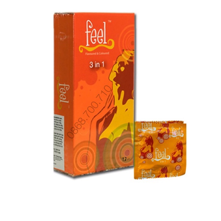 Bao cao su Feel kéo dài, có gai, gân Feel 3 in 1 hộp 12 chiếc