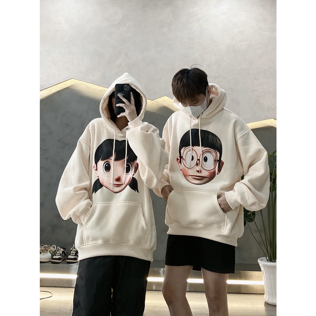 Áo đôi HOODIE thời trang nam nữ form rộng đi chơi chất nỉ có mũ kèm dây tay dài bo viền in hình cô gái cực cute