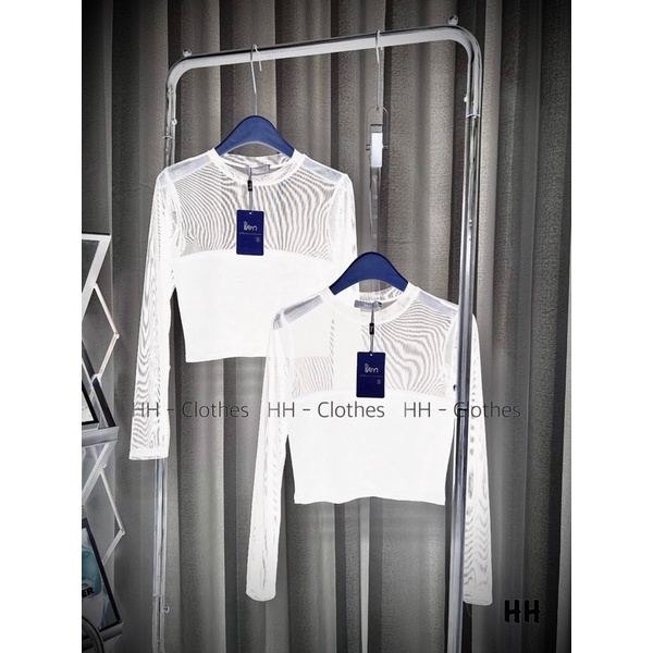 Áo Thun Croptop Phối Lưới Tay Dài Cổ Lọ